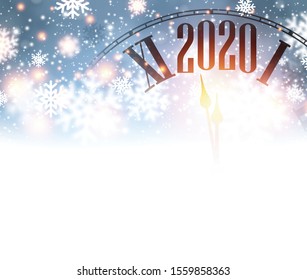 Christmas illustration. Blue shining 2020 New Year background with clock. Winter decoration - Vector
