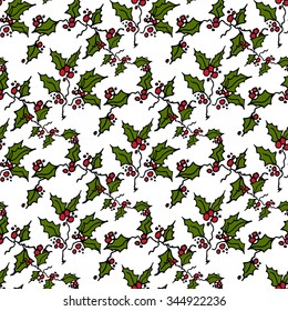 Christmas illustration. The branches of mistletoe on a green background. Seamless pattern.