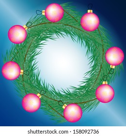 Christmas illustration branches of tree in a circle with the ornament in the form of balls