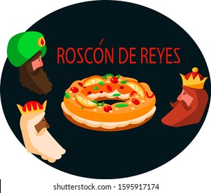 Christmas illustration of King’s Cake, traditional Spanish pastry. Three Wise Men heads of Melchior, Gaspar, Balthazar. Children holiday in Spain for Kings of The East
