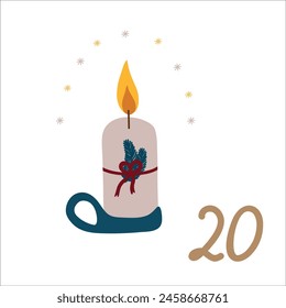 Christmas illustration with candle. Christmas Advent Calendar 25 hand drawn cards is a December countdown calendar vector illustration, Сhristmas eve creative winter set with numbers