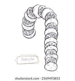 Christmas illustration candy cane made from alternating slices of tomatoes and mozzarella. Festive food, vintage sketch style,  holiday-themed designs, food illustrations, or creative culinary project