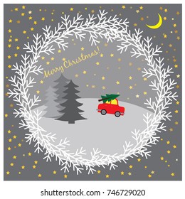 Christmas illustration with car driving Christmas tree