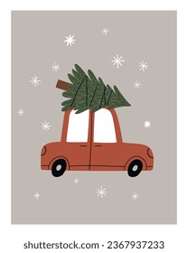 Christmas illustration with car and fir tree for card or poster