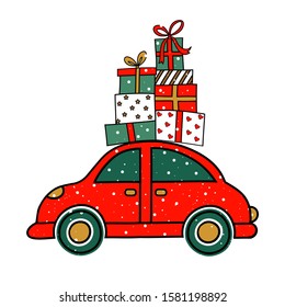 Christmas illustration with car, gifts and snow.Christmas sale. Background for Christmas card, invitation.