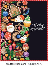 Christmas illustration. Christmas card. Holiday banners and greeting cards. Christmas toys, gingerbread, Christmas tree, snowman, Santa Claus.