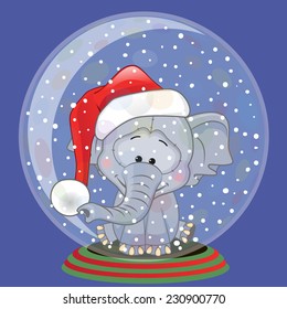 Christmas illustration of cartoon Bear in a Santa's hat in a glass bowl 