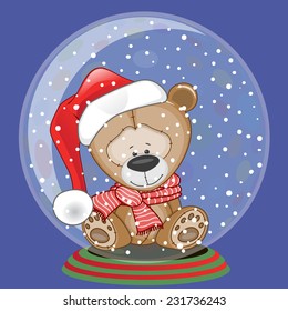 Christmas illustration of cartoon Bear in a Santa's hat in a glass bowl 