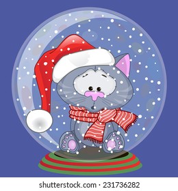 Christmas illustration of cartoon Bear in a Santa's hat in a glass bowl 