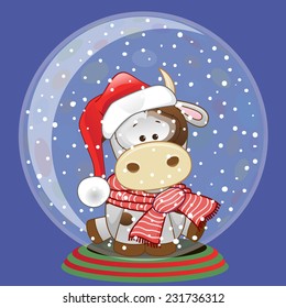 Christmas illustration of cartoon Bear in a Santa's hat in a glass bowl 