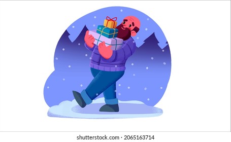 Christmas illustration of a cartoon man walking in the snow, late in the evening, almost at night, in winter in a snowfall. A man delivers a lot of gifts for Christmas. A man with a beard carries gift