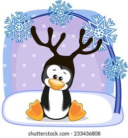Christmas illustration of cartoon Penguin with antlers 