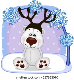 Christmas illustration of cartoon Polar Bear with antlers 