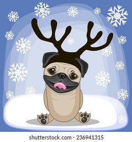 Christmas illustration of cartoon Pug Dog with antlers 