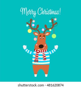 Christmas illustration of cartoon reindeer. Christmas card