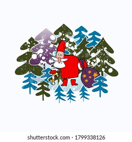 Christmas illustration with cartoon Santa Claus, snow and Christmas trees. Vector image.