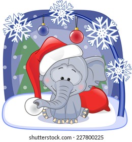 Christmas illustration of cartoon Santa Elephant 