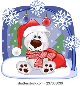 Christmas illustration of cartoon Santa Polar Bear 