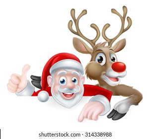 Christmas illustration of cartoon Santa and reindeer peeking above sign pointing and giving athumbs up