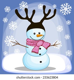 Christmas illustration of cartoon Snowman with antlers 