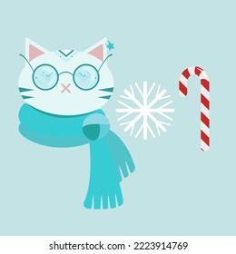 Ilustración navideña con gato, copo de nieve y caramelos. Ilustración adecuada para sus artesanías.