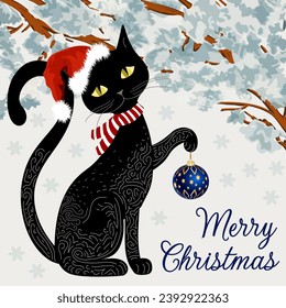 Christmas illustration with cat.Christmas card with a black cat dressed as Santa Claus on a colored background with text.