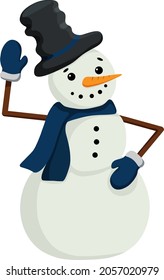 Christmas illustration of a cheerful snowman in mittens and a hat. Vector illustration