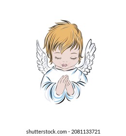 Christmas illustration. Child angel prays to god with folded palms in a prayer position at the chest. Hand drawn vector illustration. Cute baby. 