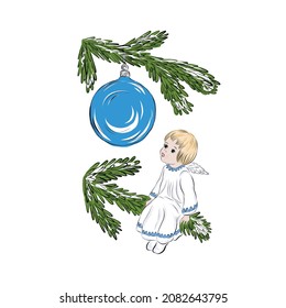 Christmas illustration. Child angel sits on a spruce branch and looks at a blue Christmas ball