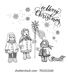 Christmas illustration. Children in winter clothes, singing carols and holding Christmas star.