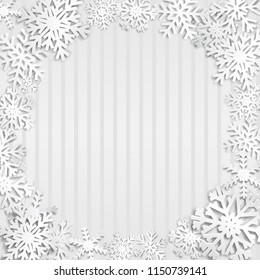 Christmas illustration with circle frame of big white snowflakes with shadows on striped gray background