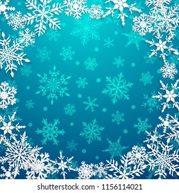 Christmas illustration with circle frame of big white snowflakes with shadows on light blue background