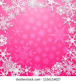 Christmas illustration with circle frame of big white snowflakes with shadows on pink background