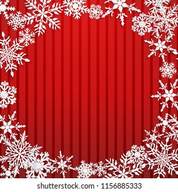 Christmas illustration with circle frame of big white snowflakes with shadows on striped red background