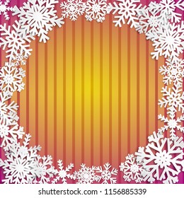Christmas illustration with circle frame of big white snowflakes with shadows on striped yellow and purple background