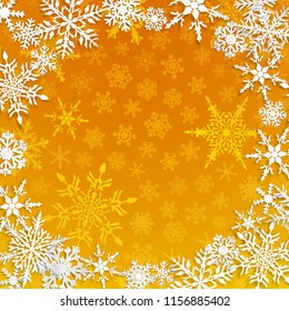Christmas illustration with circle frame of big white snowflakes with shadows on yellow background