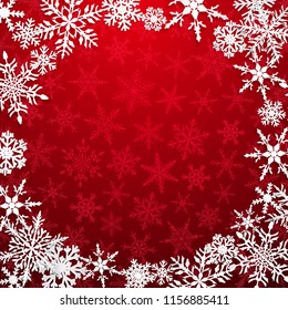 Christmas illustration with circle frame of big white snowflakes with shadows on red background