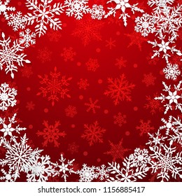 Christmas illustration with circle frame of big white snowflakes with shadows on red background