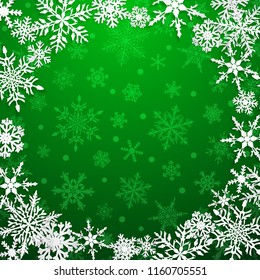 Christmas illustration with circle frame of big white snowflakes with shadows on green background