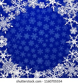 Christmas illustration with circle frame of big white snowflakes with shadows on blue background