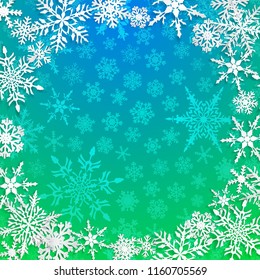 Christmas illustration with circle frame of big white snowflakes with shadows on light blue background