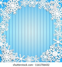 Christmas illustration with circle frame of big white snowflakes with shadows on striped light blue background