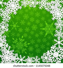 Christmas illustration with circle frame of white snowflakes on green background