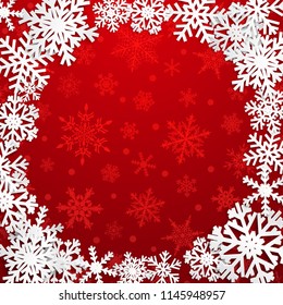 Christmas illustration with circle frame of white snowflakes on red background