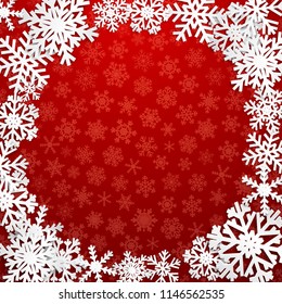 Christmas illustration with circle frame of white snowflakes on red background
