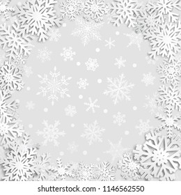 Christmas illustration with circle frame of white snowflakes on gray background