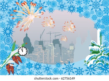 Christmas illustration with city and firework