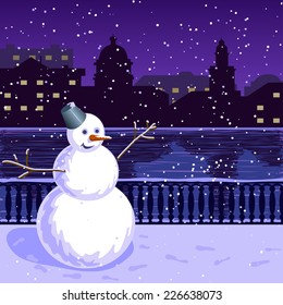 Christmas illustration of city at night: quay, winter, snowman. 