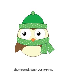 Christmas illustration, clip art, vector an owl with scarf and green hat
