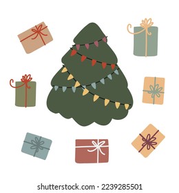 Christmas illustration clipart, Winter scene creator clipart, cat, dog, book, snowman, letter, pie, hat, mitten, sock, gift, sweater, lollipop, mistletoe, snow globe in flat style